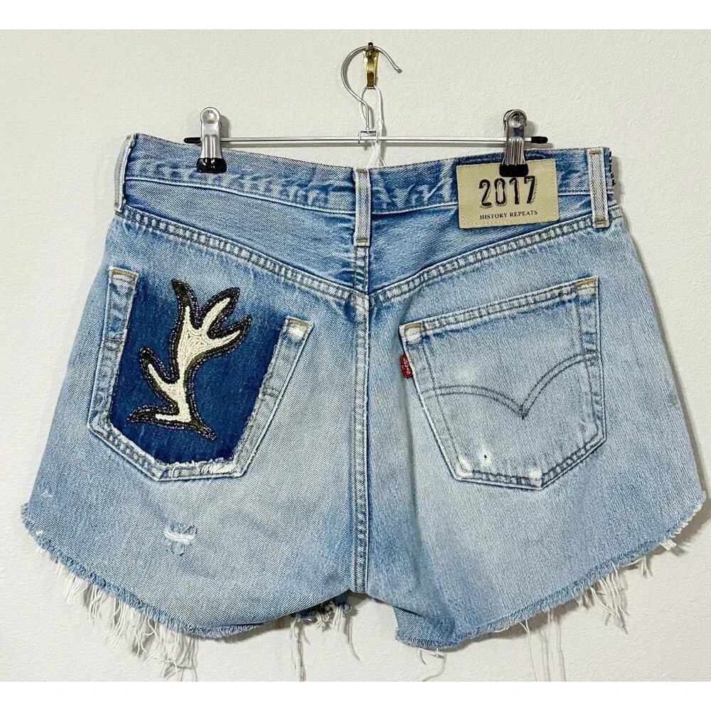 Vtg Levis 501 Cutoff Short Reworked History Repeats Custom Antler Beadwork Sz 34